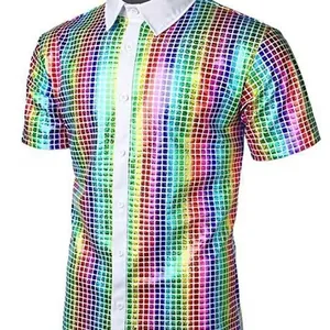 Camicia da uomo con paillettes arcobaleno per feste disco anni '70 e costumi cosplay