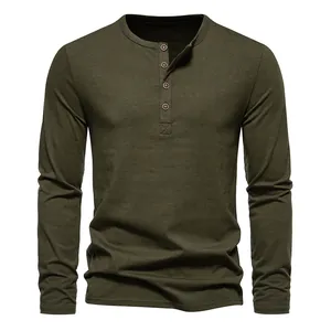 Men's casual olive green long-sleeve Henley T-shirt with four-button placket detail.