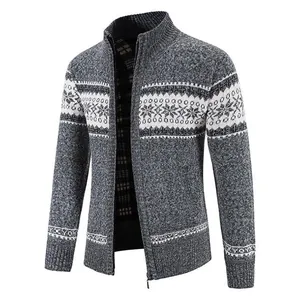 Detail view of men's gray knitted cardigan with snowflake pattern and fleece lining