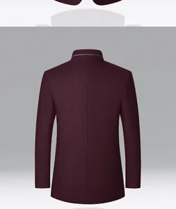 Detailed back view of men's burgundy wool jacket with elegant stand collar design