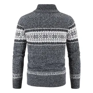 Detailed back view of men's thick knitted winter cardigan with grey snowflake pattern