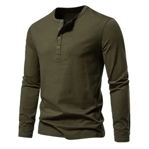 Detailed view of army green men's Henley long sleeve shirt with four-button placket