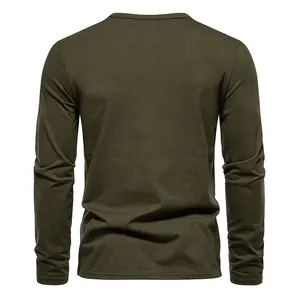 Detailed back view of men's casual long-sleeved olive green cotton Henley T-shirt