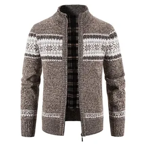 Detail of men's fleece-lined knitted cardigan with snowflake pattern and zipper.