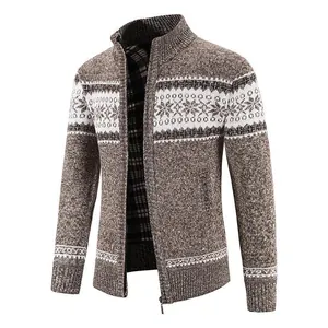Detailed view of men's fleece-lined knit cardigan with snowflake pattern and zipper