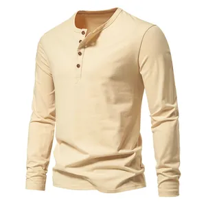 Detailed front view of men's apricot long sleeve Henley T-shirt with four buttons