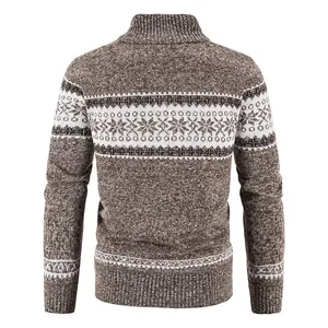 Back view of men's thick knitted cardigan with snowflake print and stand collar