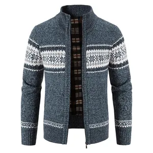 Close-up of men's knitted jacket with snowflake pattern and warm interior fleece