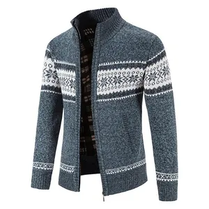 Men's snowflake knit cardigan jacket with fleece lining and stand collar in blue.