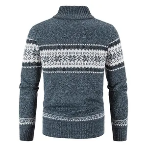 Back view of men's blue snowflake knit cardigan with stand-up collar details