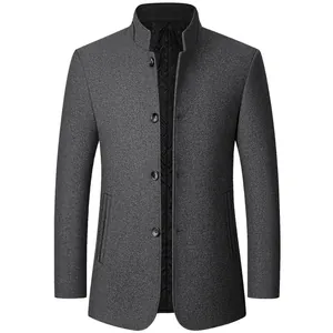 Men Stand Collar Wool Blend Jacket Mid-Aged Business Casual Winter Padded Coat Quilted Lining Button Front Outerwear
