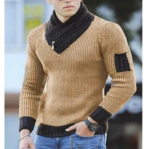 Men's slim fit knit sweater with unique scarf collar design and zip detail.
