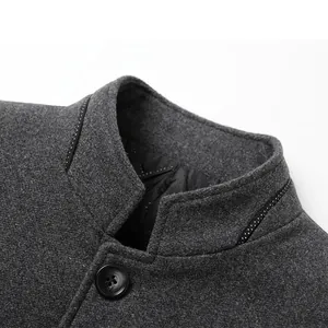 Professional close-up of grey wool jacket mandarin collar with decorative dotted piping detail