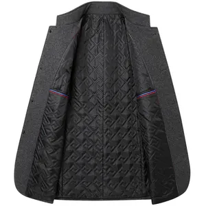 Men's charcoal grey wool jacket featuring Zhongshan collar and quilted lining details