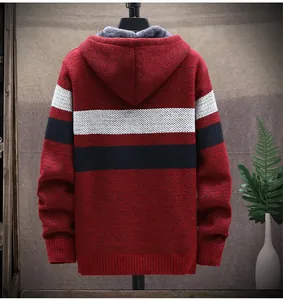 Back view of a men's thick fleece-lined knit hoodie with red and white stripes
