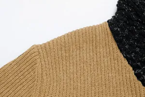 Close-up detail of the ribbed texture and stitching on a men's patchwork knit sweater.