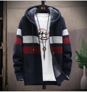 Men's fleece-lined hooded knit cardigan with color-block stripes and zipper