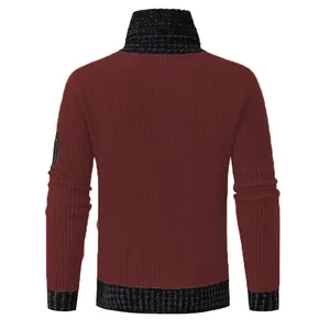 Rear view of a men's burgundy slim-fit knit sweater with charcoal shawl collar