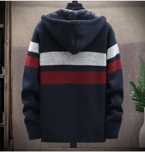 Back view of men's thick fleece hooded cardigan with color-block knit design