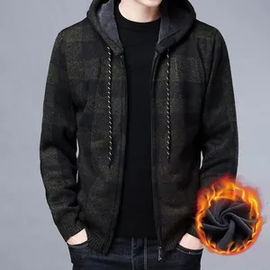 Gilet à capuche en maille pour hommes avec doublure en polaire chaude et motif à carreaux