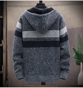 Back view of men's thick fleece-lined hooded cardigan with grey and navy stripes.