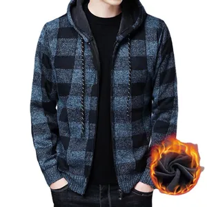 Cardigan à capuche en maille épaisse à carreaux pour hommes avec doublure polaire