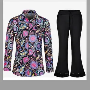 Abito disco anni '70 da uomo con camicia floreale e pantaloni a zampa set da 2 pezzi