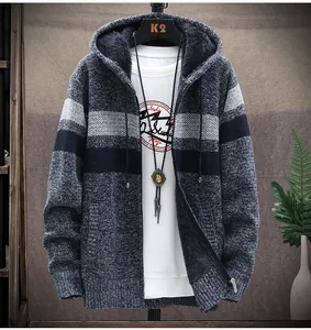 Detail view of men's thick fleece-lined knit hooded cardigan with striped design