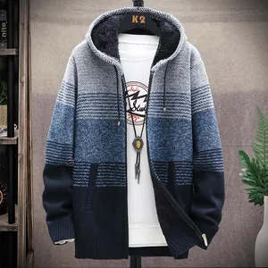 Cardigan da uomo spesso con cappuccio, fodera in pile e design a blocchi di colore blu