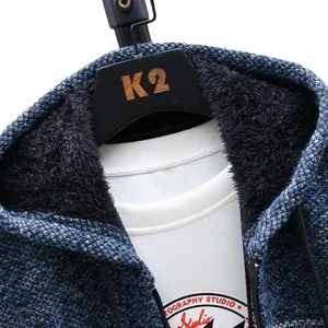 Cardigan da uomo in maglia blu con calda fodera in pile e cappuccio con cordino
