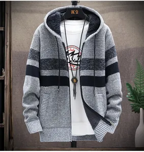 Detail shot of men's color-block hooded cardigan with warm fleece lining.