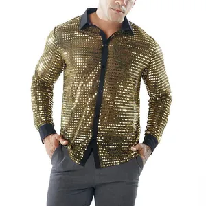 Glitzerndes goldenes Paillettenhemd für Herren mit schwarzem Kragen und Manschetten