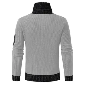 Back view of a men's slim fit knit sweater with light grey body and black shawl collar