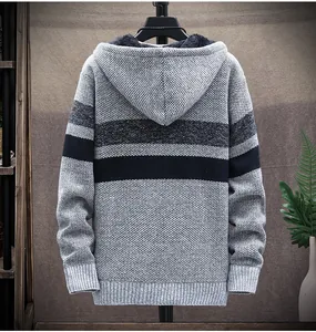 Back view of a men's fleece-lined thick knitted hoodie with color-block stripes