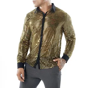 Herren Langarmhemd mit goldenen Pailletten für 70er Jahre Disco-Party Aufführungen