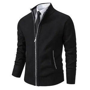 Classic black men's zip-up knitted cardigan with stand collar for business casual style