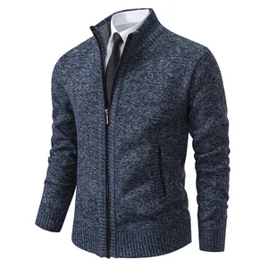 Men's thick knitted cardigan sweater with stand collar and full zipper closure in navy marl