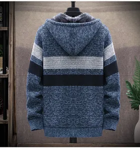 Back view of thick hooded knit cardigan with blue and white color-block stripes