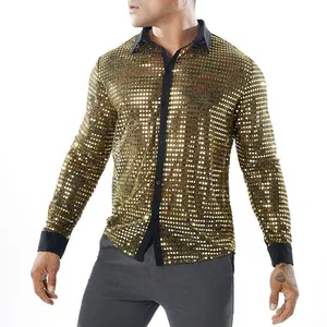 Herrenhemd mit goldenen Pailletten und schwarzem Kragen für 70er Jahre Disco-Party