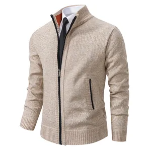 Men's premium thickened stand collar knitted zip-up cardigan sweater in elegant beige