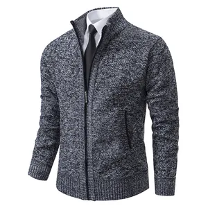 Men's thick wool knit cardigan sweater with zipper and stand collar in grey marl
