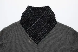 Men's slim-fit grey knitted sweater featuring a black textured zip shawl collar detail