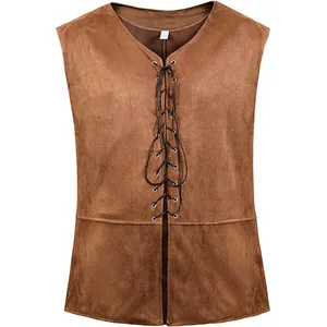 Gros plan montrant les lacets d'un gilet de costume médiéval marron en similicuir