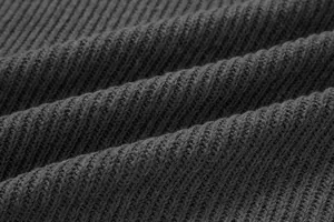 Macro detail shot of charcoal grey ribbed knit sweater fabric texture and soft folds