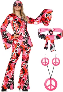 Detail showing pink hippie costume set with flared pants, headband, and peace jewelry
