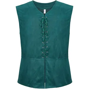 Vue de face d'un gilet steampunk médiéval vert foncé avec des détails à lacets élégants
