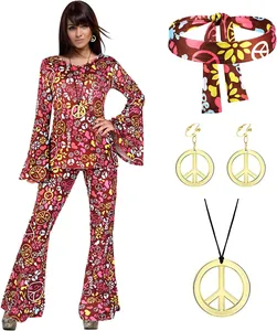 Complete women's 70s hippie costume set including floral flare pants and peace jewelry