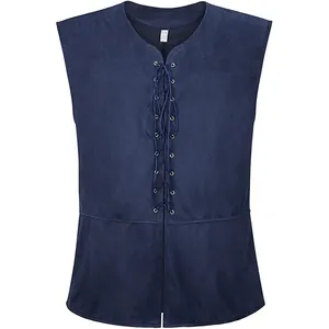 Vue de face d'un gilet médiéval bleu foncé à lacets de style Renaissance et steampunk