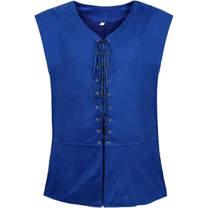 Détail du gilet médiéval bleu avec laçage frontal et œillets métalliques de style