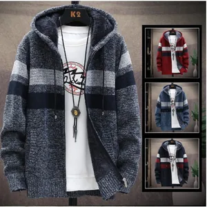 Men's Casual Color Block Striped Knit Cardigan Jacket Fleece Lined Hooded Zip Up Sweater Outerwear Warm Long Sleeve Top